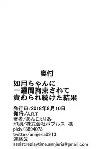 (C94) [A.R.T (Annjeria)] Kisaragi-chan ni Isshuukan Kousoku Sarete Semerare Tsuzuketa Kekka (Kantai Collection -KanColle-) [Chinese] [靴下汉化组]
