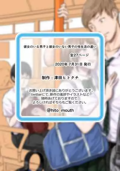 [Tsuda Hitokuchi] Kanojo no Iru Danshi to Kanojo no Inai Dnashi no Seiseikatsu no Chigai